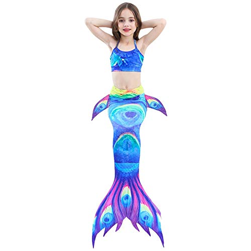 Dunnomart Mermaid Tail Swimming Children Girls Bikini Swim Swimsuit Cosplay Mermaid Tail Optional Monofin