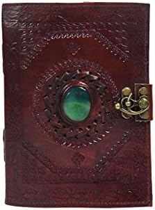 Leather Journal with Semi-precious Stone &amp; Buckle Closure Leather Diary Gift for Him Her for Writing Leather Diary Handmade Leather Journal (Stone 6x8)