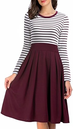 AAMILIFE Women's Scoop Neck Stripes Long Sleeve Casual Office Fit Swing Dress Burgundy XL