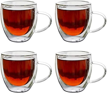 Yxhupot Double Wall Thermo Insulated Cups with Handle, Clear, Espresso, Latte, Cappuccino,250ml Glassware (8.4oz, set of 4)