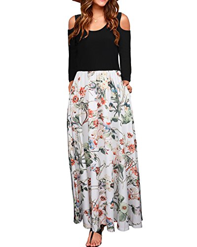 STYLEWORD Women's Cold Shoulder Floral Print Elegant Long Sleeve Maxi Dress with Pocket(Floral002,L)