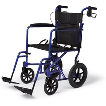 Medline Lightweight Transport Wheelchair with Handbrakes, Folding Transport Chair for Adults has 12 inch Wheels, Blue