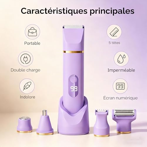 XkuiHF 5 in 1 Women's Electric Shaver, Wet/Dry Trimmer, IPX7 Waterproof, Female Intimate Trimmer for Face, Armpits, Legs, Arms and Bikini (Purple)