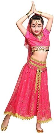 Feimei Girl’s Exotic Jasmine Belly Dance Costume Set With Halter Top Parkly Fringe Skirt and Sequin Coins Designed For Performance Cosplay Carnival and Halloween Party (Rose-Red, Medium)