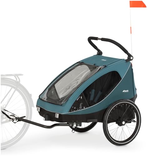 hauck Dryk Duo, Ocean Green - 2in1 Fahrradanhänger & Kinderwagen für 2 Kinder ab 6 Monaten bis 22 kg/120 cm/4 Jahre, für Zwillinge & Geschwister, Faltbar, XL Stauraum, für Fahrrad, E-Bike & Pedelec