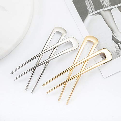 JKJF U Shaped Hair Pin Hair Fork Sticks Metal Hair Clips 2 Prong Updo Chignon Pins (4 Pack, Gold and Silver) - Thumbnail 2