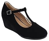 Patricia04 T-Strap Velvet Round Toe Mid Wedge Formal Dress Pump Shoes