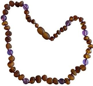 Certified Baltic Amber and Purple Amethyst Necklace By UMAI - Pain Relief From Teething - Unisex- Safely Knotted Beads (Cognac Purple Amethyst)