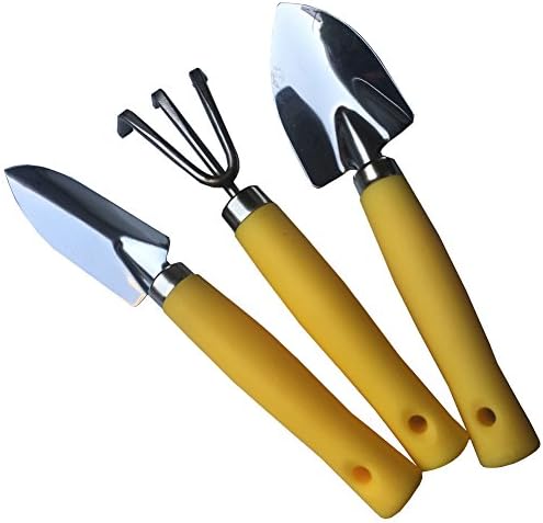Mini Kids Garden Tool Set for Toddler with Trowel, Cultivator, Transplanter 3 Piece Mental Hand Tools (Yellow)