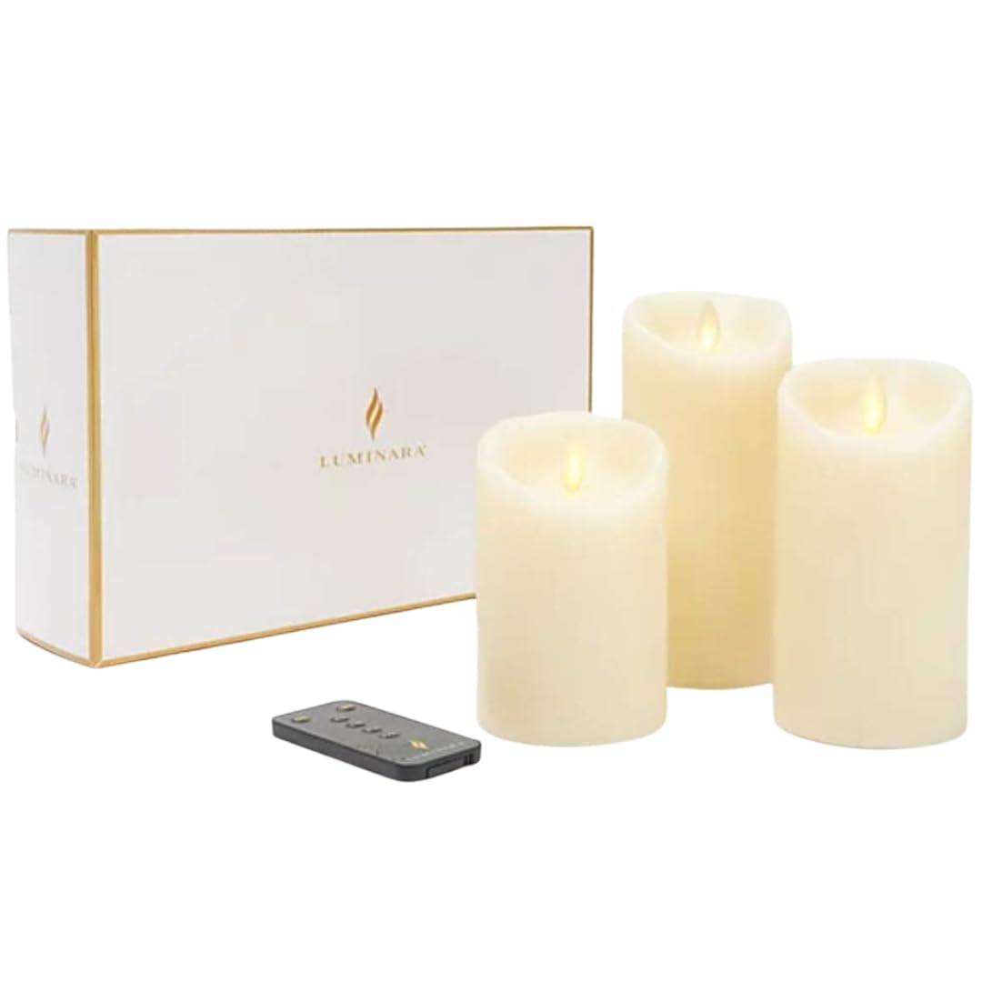 Luminara Set of 3 Ivory Flame Effect Real Wax LED Pillar Candles with Remote Control