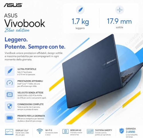 ASUS Notebok Vivobook, Intel Core 7 150u 10Core, DDR5 Ram 16Gb, PCI Nvme 1TB SSD, WI-FI 6, Webcam, Usb3.2, HDmi, BT5.3, QWERTY Keyboard, 3 Year Warranty, Blue Edition, Preconfigured