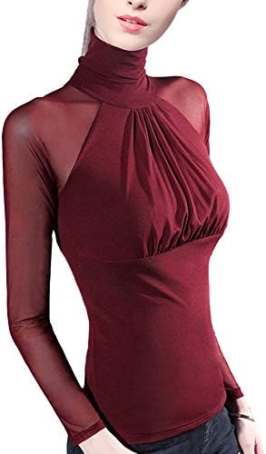 Verypoppa Women's Turtleneck Mesh Shirt Ladies Ruched Long Sleeve Blouse Top