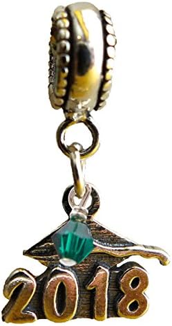 Graduation Cap 2018 May Emerald Birthstone Sterling Silver Dangle Charm Bead