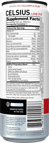 CELSIUS SPARKLING FUJI APPLE PEAR, FUNCTIONAL ESSENTIAL ENERGY DRINK, 12 FL OZ