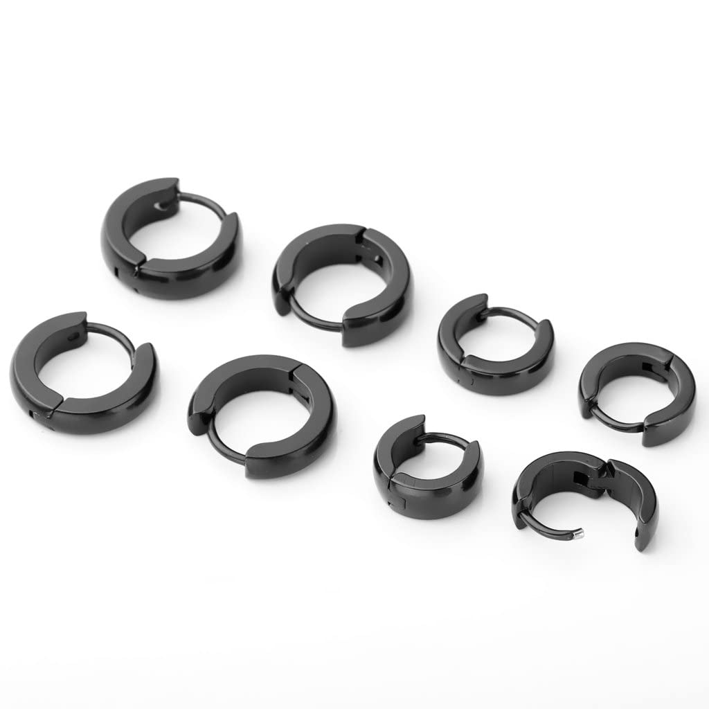 JOVIVI Small Black Hoop Earrings Women Men, 4pairs Hypoallergenic Stainless Steel Hinged Sleeper Hoops Earring Womens Mens Black Earrings for Boys Girls Gifts 7/9mm