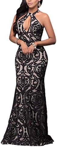 Women Sexy Sleeveless Cocktail Long Dress Gown Vintage Flower Backless Evening Bodycon Maxi Party Dress (X-Large, Black)