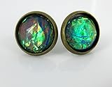 Antiqued Gold-tone Blue Faceted Resin Opalescent Stud Earrings 12mm