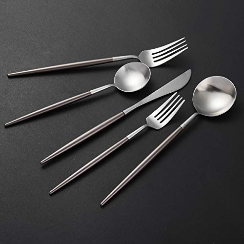 Artthome 20-Piece 18/10 Stainless Steel Flatware Silverware Dinnerware Set Cutlery Tableware Include Knife Fork Spoon (Brown and Silver Matte) - Thumbnail 2