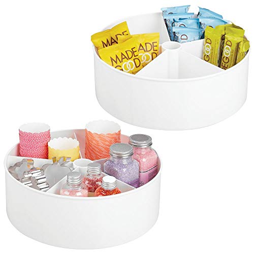 mDesign Deep Lazy Susan Turntable Storage Food Bin Container - Divided Spinning Organizer - 5 Sections - for Kitchen Cabinets, Pantry, Refrigerator, Countertops - BPA Free, 2 Pack - White