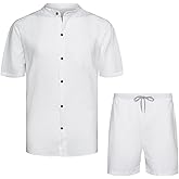 AOTORR Men's 2 Piece Linen Set Button Down Short Sleeve Shirt and Short Beach Outfit
