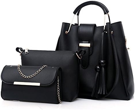 Black PU Leather Handbag+Shoulder Bag+Purse 3pcs Set Tote for Women with Zipper and Pockets