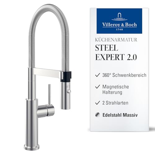 Villeroy & Boch Steel Expert 2.0 Küchenarmatur, Hochdruck, Wasserhahn Küche mit Umschaltfunktion und schwenkbarem Auslauf, Spültischarmatur wassersparend, Auslauf Höhe 170mm, Edelstahl massiv