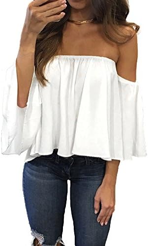 Keepwin Womens Chiffon Short Sleeve Shirt Strapless Blouses Off Shoulder Casual Tops