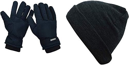 Combo Of Men's and Women's Woolen Skull Cap And Waterproof Teslon Winter,Snow Gloves-Black Clour
