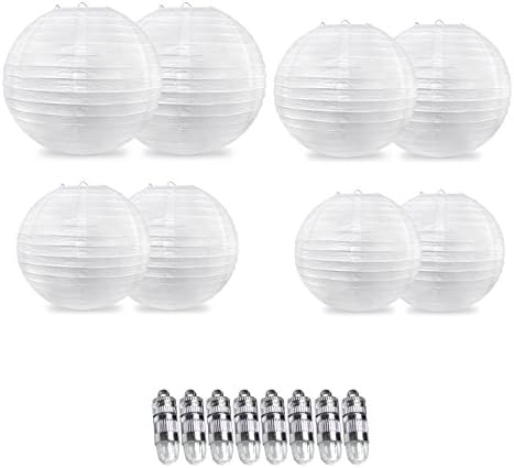 White Round Paper Lanterns: 8 Pack, Assorted Sizes - With 8 White LED Lights Included - Great for Outdoor or Indoor Use - Parties/Home Decorations/Weddings/Birthdays