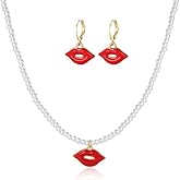 ONLYJUMP 2 Pairs Pearl Heart Necklace Earring Set for Women Dainty Pearl Pendant Necklace Red Heart Bow Flower Lip Hoop Earrings Wedding Party Jewelry