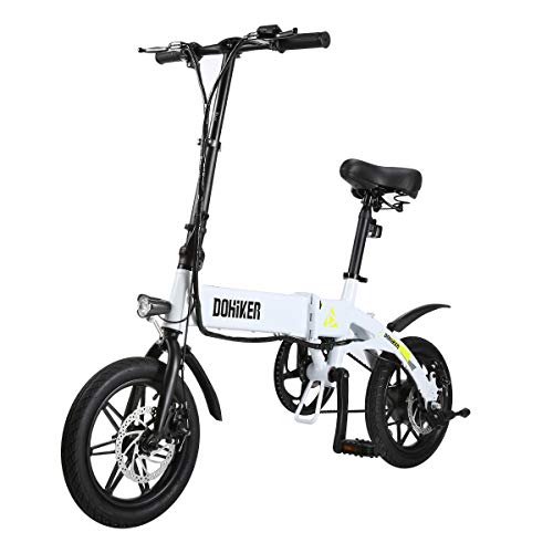 Dohiker Electric Bike Folding Bicycle 14 inch 250W Motor Max 16 mph with LED Headlight Built in USB (White)