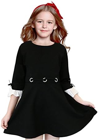 LYNLLA Girls O Neck Flare Long Sleeve Cotton Fashion Pleated Vintage Dresses Black 10T