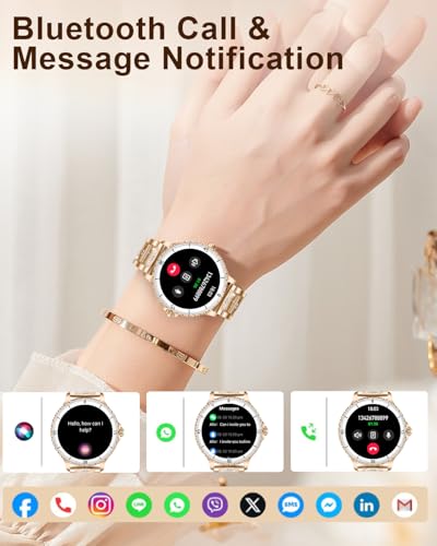 Women's Smart Watch with Calls, 1.27'' Smartwatch Woman with Diamond Strap, Compatible with Android/iOS, IP68 Waterproof Smart Watch Round with 120+ Sports SpO2 Sleep Pedometer, Rose Gold