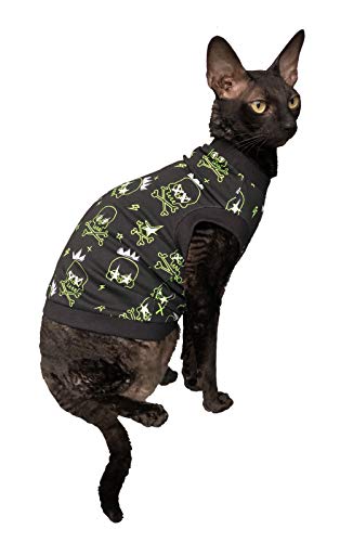 Kotomoda Hairless Cat's cotton stretch T-shirt Sculls glow in the dark for Sphynx Cats (XS)