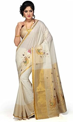 Rsv fabrics Women's Kasavu Cotton Saree With Blouse Piece (RS-24_White)