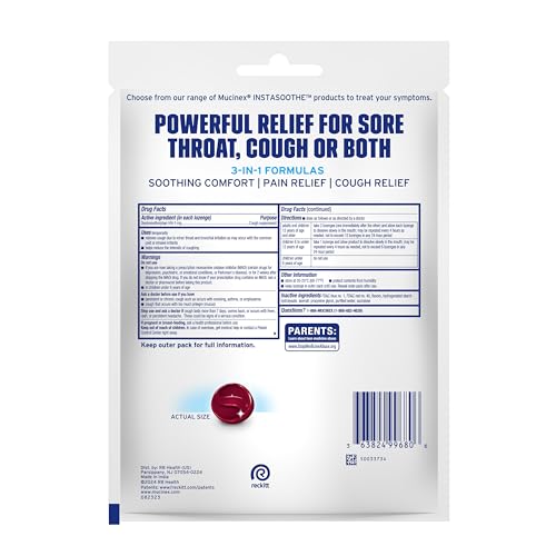 MUCINEX INSTASOOTHE SUGAR FREE COUGH DROPS, COUGH MEDICINE FOR ADULTS WITH DEXTROMETHORPHAN HBR, NON MENTHOL COUGH DROPS, COUGH SUPPRESSANT LOZENGES, MIXED BERRY MEDICATED COUGH DROPS, 40CT