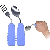 Ehucon Adaptive Utensils Angled Spoon and Fork for Hand Tremors Parkinsons,Weighted Utensils with Non-Slip Easy Grip Handles for Independent Eating (1pcs Spoon+1pcs Fork=2 pcs,Purple,Right Hand)