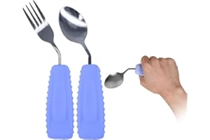 Ehucon Adaptive Utensils Angled Spoon and Fork for Hand Tremors Parkinsons,Weighted Utensils with Non-Slip Easy Grip Handles for Independent Eating (1pcs Spoon+1pcs Fork=2 pcs,Purple,Right Hand)