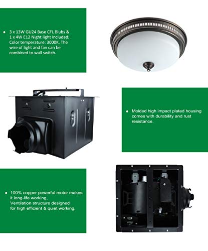 Ultra Quiet Bathroom Exhaust Fan with Light 110CFM 1.5 Sone Ventilation Fan (3x13W GU24 Base CFL Blubs and 1pcs E12 Nightlight Included) 3 Years Warranty by Akicon