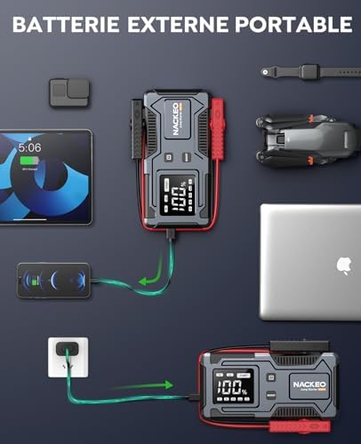8000A Booster Batterie Voiture,Démarreur de Voiture (Jusqu’à 9 L Essence et 7 L Diesel),Jump Starter 12V avec Câbles de Démarrage Intégrés, Lampe LED et Écran LCD, Adapté aux Motos, SUV et Tondeuses
