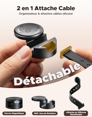 8 Pièces Range Cable et Silicone Attache Cable [2 en 1], Magnétiques Adhesif Clips Accroche Câble [Réglage Fluide & Verrouillage 1s], Organisateur de Cable pour Bureau, Table Nuit, Câble Charge