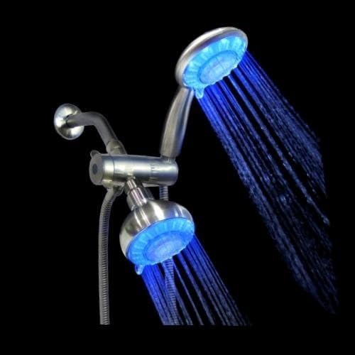 4 Inch 5 Multi-Function Blue LED Light Dual Shower Head Combo Shower System with Brass Connector & 5 ft (60") Stainless Steel Shower Hose in Brushed Nickel (LSS5430CBN)