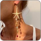 Gold Starfish Tassel Dangle Earrings for Women,Vintage Beach Jellyfish/Starfish/Shell Drop Earring Charm Crystal Pearl Bead Long Dangle Drop Earring Boho Beach Jewelry