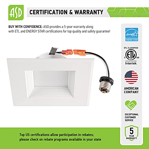 ASD 4 Inch Square Recessed LED Can Light Dimmable, Baffle Trim, 9W (40W Replace), 600Lm, CRI 90