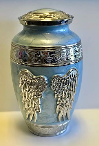 Angel Wings Blue Mother of Pearl Brass Funeral Cremation Urn, Adult Memorial Ash Urn with Personalisation