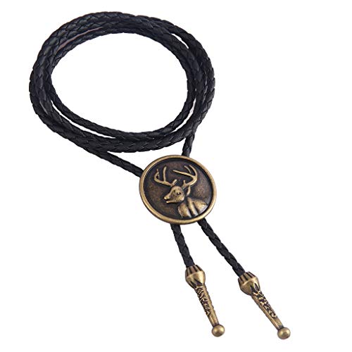 AZORA Western Bolo Tie for Men Deer Copper Necktie Leather Braided Bolos for Women Boys Girls (Deer bolo tie Gold)