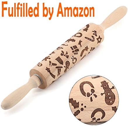 Kkonetoy Christmas Wooden 3D Rolling Pins Engraved Embossing Rolling Pin With Christmas Themed Symbols Reindeer Snowflake Christmas tree, snowman for Rolling Pin Kitchen Tool Baking Embossed Cookies