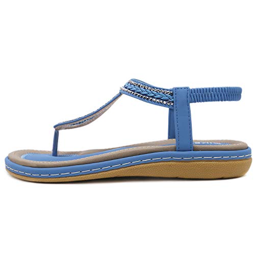 DolphinBanana Women's Bohemian Simple T-Strap Summer Flat Thong Sandals, Sapphire Blue Flip Flops Glitter Shiny Rhinestone Herringbone Woven Tape Shoes for Dressy Casual Jeans Daily Wear and Beach Vacation