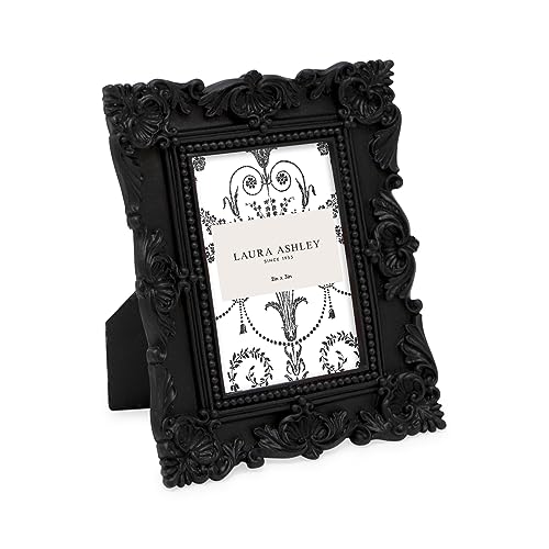 Laura Ashley 2x3 Black Ornate Textured Hand-Crafted Resin Picture Frame with Easel, for Tabletop & Wall Display, Decorative Floral Design Home Decor, Photo Gallery, Art & More (2x3, Black)