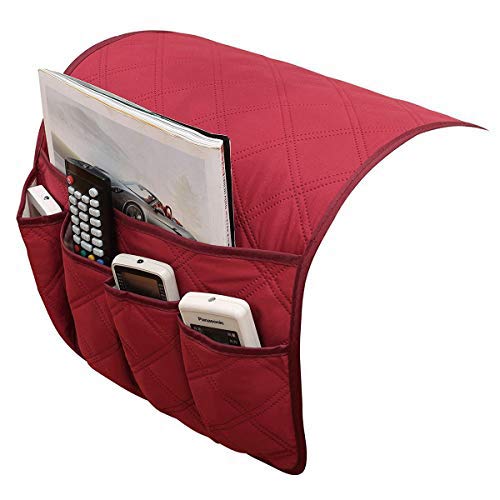 IPENNY Anti-Slip Couch Sofa Armrest Organiser Chair Bedside Storage Pocket TV Remote Holder Bed Storage Pocket Bag for Cellphone Notepad Book Magazines Holder Pouch (#E4-Red (5 pockets))